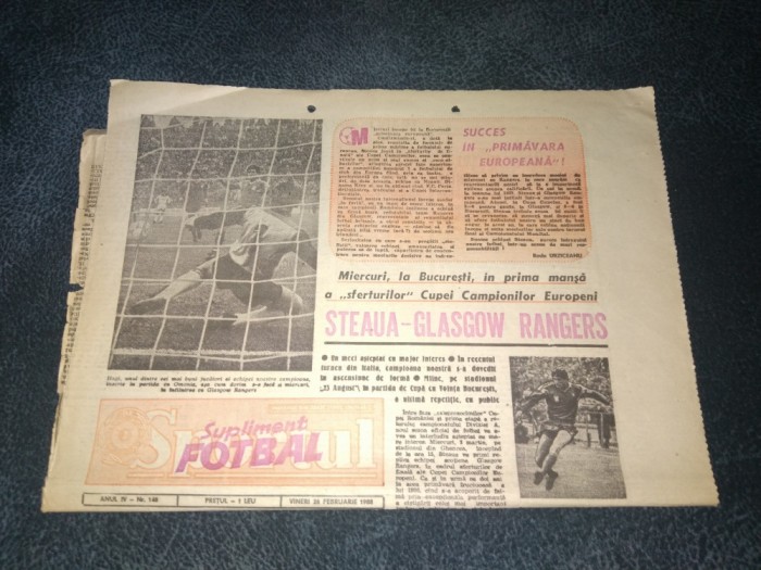 ZIARUL SPORTUL SUPLIMENT FOTBAL 26 FEBRUARIE 1988 STEAUA GLASGOW
