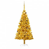 Set brad de Crăciun artificial cu LED&amp;globuri auriu 210 cm PET