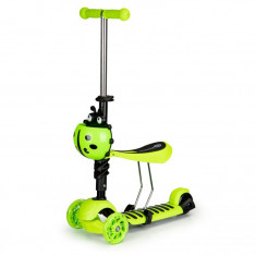 Trotineta pliabila tip scooter pentru copii, reglabila, cu 3 roti, iluminare LED, scaun detasabil, 80kg, culoare verde foto