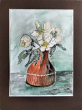 Cumpara ieftin Vază cu flori de iasomie - tablou, acuarelă semnată &icirc;n monogramă (2006), Acuarela, Impresionism