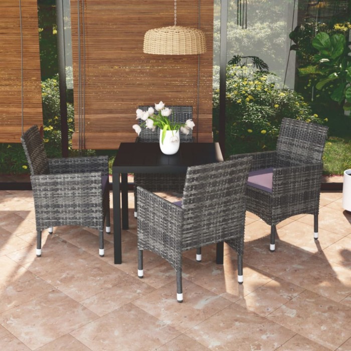 vidaXL Set de masă pentru grădină cu perne, 5 piese, gri, poliratan 3095022