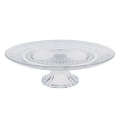 Platou Pentru Prajituri, Model Sculptat, Sticla, Transparent, Diametru 32.5 cm, Inaltime 9.5 cm
