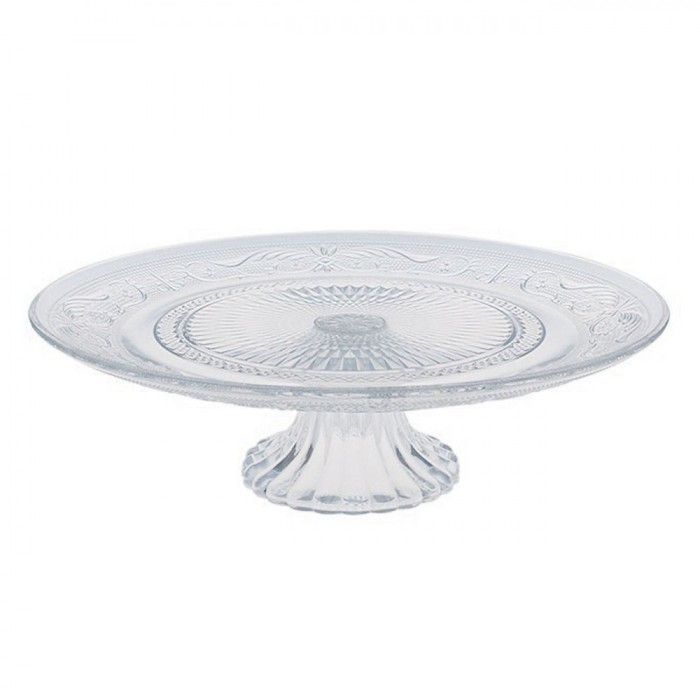 Platou Pentru Prajituri, Model Sculptat, Sticla, Transparent, Diametru 32.5 cm, Inaltime 9.5 cm