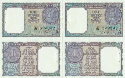 2 x 1963 , 1 rupee ( P-76a ) - India - stare aUNC Stare consecutiva ! foto