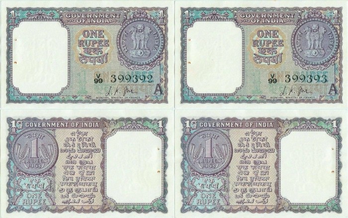 2 x 1963 , 1 rupee ( P-76a ) - India - stare aUNC Stare consecutiva !