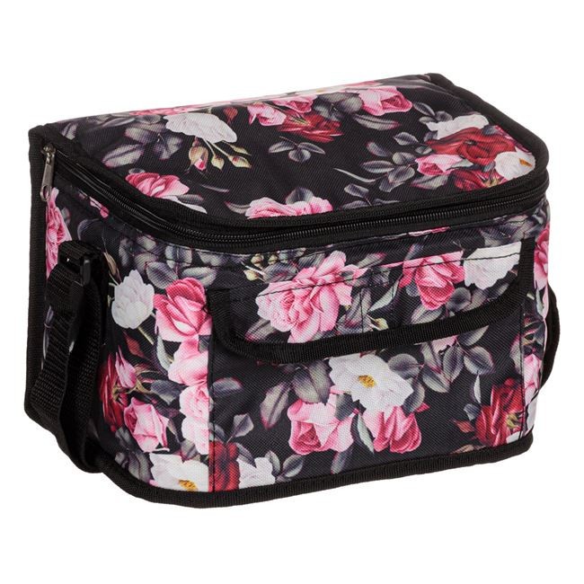 Geanta Izoterma Neagra Floral cu Fermoar 25x18x16cm