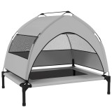 PawHut Pat pentru c&acirc;ini de exterior cu acoperiș, Pat &icirc;nălțat pentru c&acirc;ini de talie medie, cu cadru din oțel, 76x61x70cm, Gri deschis | Aosom Romania