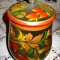 745-Vas cu capac Rusia vechi lemn pictat model rustic cu flori stare generala buna cu anumita uzura. Inaltime 24 cm.
