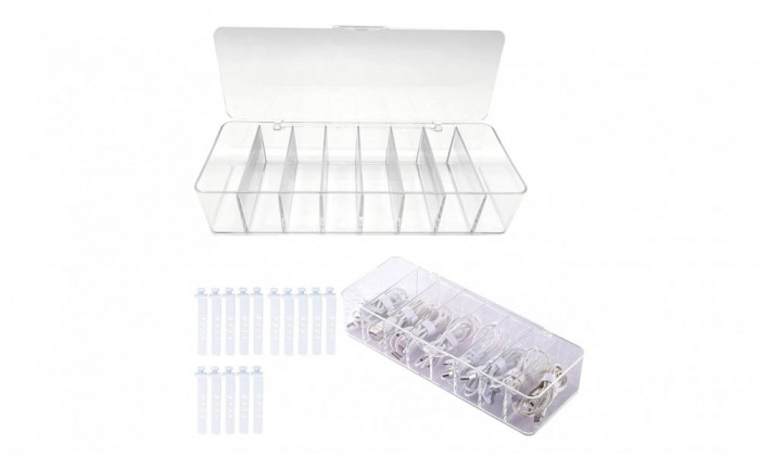 Cutie de organizare a cablurilor, din plastic transparent cu 8 compartimente si 10 legaturi de cablu - RESIGILAT