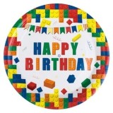 Farfurii de Petrecere din Carton Alb Caramizi Colorate Happy Birthday &Oslash;23cm - 10buc, CMCLASS
