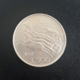 Moneda de 500 Lire 1961 Italia, argint, comemorativa, detalii frumoase, Europa