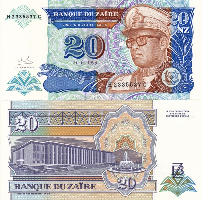 ZAIR 20 nouveaux zaires 1993 UNC!!!