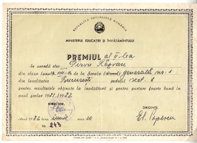 QW13 11 - 1982 - diploma - clasa 8 - Scoala generala nr 1 - Bucuresti foto