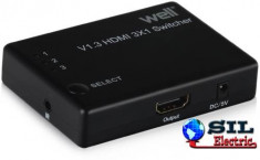 Switch HDMI 3 intrari FullHD V1.3 cu telecomanda Well foto