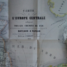 HARTA EUROPEI CENTRALE - căi ferate, vapoare, 1851