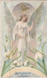 Felicitare de epoca maghiara cu motive crestine si pastorale, infatisand un