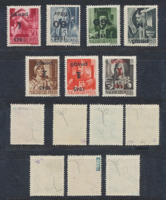 ROMANIA 1945 Transilvania de Nord emisiunea Oradea I set 7 erori cu sursarj ranversat tip I MNH, inclusiv valoarea rara 1P/30f