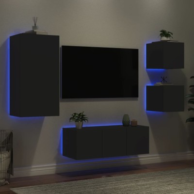Unități de perete TV cu LED-uri, 5 piese, negru, lemn prelucrat foto