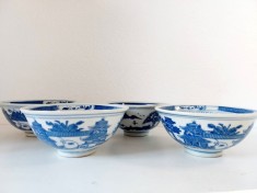 Set 4 boluri portelan chinezesc, won, alb cu albastru, marcat, 11cm diametru foto
