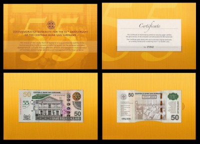 SURINAM █ bancnota █ 50 Dollars █ 2012 █ P-167 █ COMEMORATIV IN FOLDER █ UNC foto