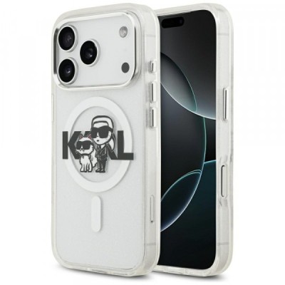 Husa MagSafe pentru Apple iPhone 17 Pro, Karl Lagerfeld, IML Sketch Logo Glitter Karl &amp;amp; Choupette, Transparenta foto