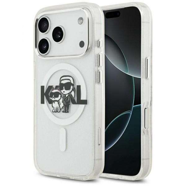 Husa MagSafe pentru Apple iPhone 17 Pro, Karl Lagerfeld, IML Sketch Logo Glitter Karl &amp; Choupette, Transparenta