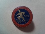 Insigna Sport Romania - Jocurile Mondiale ale Surzilor Bucuresti 1977 ,d=2,2cm