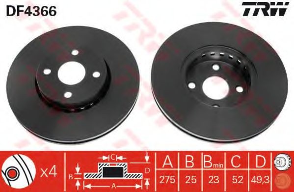 Disc frana TOYOTA COROLLA (CDE12, ZZE12, NDE12, ZDE12) (2001 - 2007) TRW DF4366