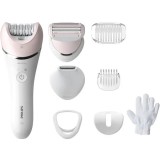 Epilator umed și uscat Philips Seria 8000 BRE721/00, 8 accesorii, 32 pensete, utilizare fara fir, 2 setari viteza, opti-light, discuri ceramice, Argin