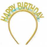 Coronita decorativa pentru petreceri, flippy, tema aniversare, model happy birthday, marime universala, auriu