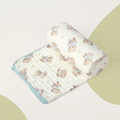 Prosop de baie din bumbac si tifon pentru Bebelusi, Cyrax, cu Sase Straturi, pentru Copii, 110x110 cm, Model Ursuleti, Bej Albastru foto