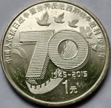 Moneda China 1 Yuan 2015, 70 Ani Victoria WWII, UNC/AUNC