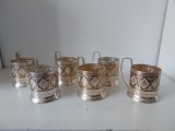 Set 6 suporti metalici pentru pahare de ceai, URSS, Rusia sovietica, vechi, vintage, anii 60, Podstakannik, 8cm inaltime x 6.5cm diametru