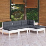 Cumpara ieftin Set mobilier grădină cu perne, 4 piese, alb, lemn de pin