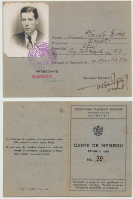 ROMANIA Legitimatie de membru 1940 in Societatea Filatelica, a lui Vasile Eros autorul primelor FDC-uri rom&amp;acirc;nesti, &amp;icirc;n 1946-1948 foto