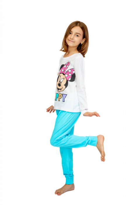 Pijama copii, cu maneca si pantalon lung, Disney Minnie, 100% Bumbac, Albastru