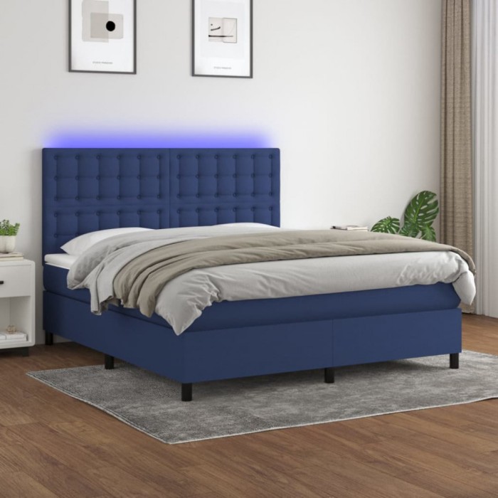 vidaXL Pat cu arcuri, saltea și LED, albastru, 180x200 cm, textil 3135219