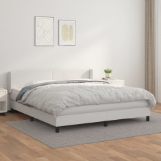 vidaXL Pat box spring cu saltea, alb, 160x200 cm, piele ecologică