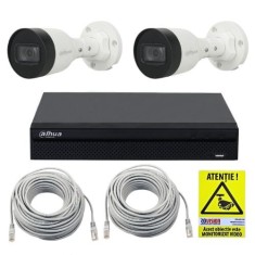 Kit supraveghere IP Dahua 2 camere 2MP IR 30m PoE, NVR 4 canale PoE 12MP, cabluri + Autocolant Rovision SafetyGuard Surveillance