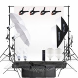 Cumpara ieftin Set studio foto video profesional cu fundal alb, 2 softboxuri, 2 umbrele difuzie, 2 becuri fluorescente 45W 5500K si 2 LED RGB 150W cu telecomanda, su