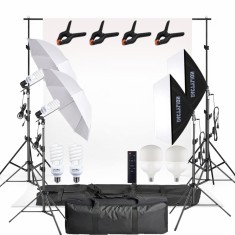 Set studio foto video profesional cu fundal alb, 2 softboxuri, 2 umbrele difuzie, 2 becuri fluorescente 45W 5500K si 2 LED 50W cu telecomanda, suport