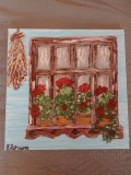 TABLOU PE PANZA CU SASIU NOU 50X50 CM FEREASTRA CU FLORI ACRILIC PRET 100 LEI NEGOCIABIL