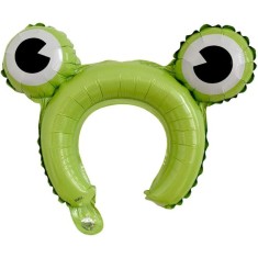 Balon din folie metalizata, flippy, tip coronita cu urechi, model broasca, ambalaj individual, pai inclus, umflare cu aer sau heliu, 28 x 31 cm, verde