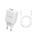 Incarcator priza lito tip-c pd20w, usb-a 18w, fast charging cu cablu usb-c la usb-c, 1m, alb