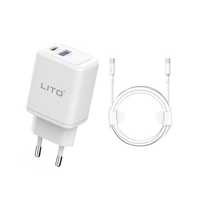 Incarcator priza lito tip-c pd20w, usb-a 18w, fast charging cu cablu usb-c la usb-c, 1m, alb foto