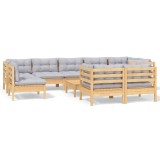 Cumpara ieftin Set mobilier gradina cu perne, 10 piese, gri, lemn masiv pin