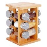 Organizator Condimente Rotativ cu 12 Recipiente Sticlă, Suport Bambus pentru Bucătărie, Carusel Elegant