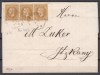 ROMANIA 1876 LP 39 b REGELE CAROL I EMISIUNEA BUCURESTI I STRAIF 3 TIMBRE 5 BANI OLIV BRUN/PLIC CIRCULAT 1877 FOCSANI-ITCANI GARA, Stampilat