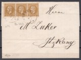 ROMANIA 1876 LP 39 b REGELE CAROL I EMISIUNEA BUCURESTI I STRAIF 3 TIMBRE 5 BANI OLIV BRUN/PLIC CIRCULAT 1877 FOCSANI-ITCANI GARA
