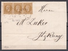 ROMANIA 1876 LP 39 b REGELE CAROL I EMISIUNEA BUCURESTI I STRAIF 3 TIMBRE 5 BANI OLIV BRUN/PLIC CIRCULAT 1877 FOCSANI-ITCANI GARA
